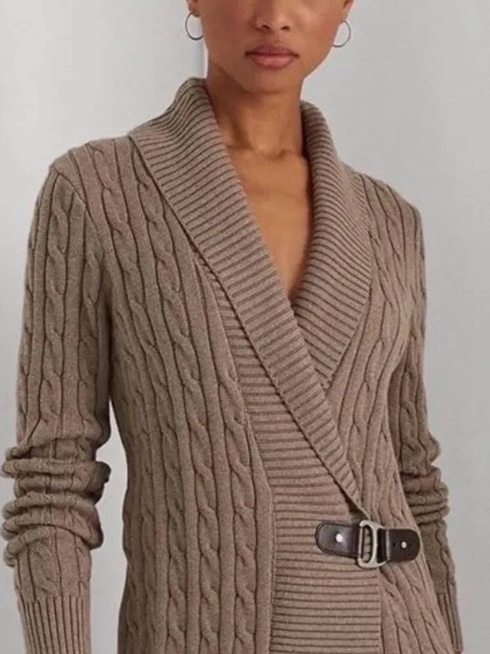 Lauren Ralph Lauren Cable-Knit Shawl Collar Buckled Cardigan Sweater - Taupe